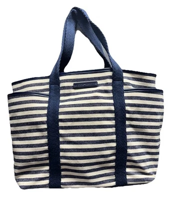 Tommy Hilfiger Striped Tote Bag Navy Ivory Canvas Pockets Large - Image 1 of 4