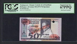 Madagascar 50 Francs =10 Ariary ND(1974-75) P62s Specimen Uncirculated Grade 67 - Picture 1 of 2