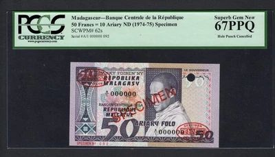 Madagascar 50 Francs =10 Ariary  ND(1974-75) P62s Specimen Uncirculated Grade 67 - Image 1 of 2