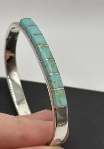 Mexican 950 Silver Turquoise Channel Set Oval Hinged Bangle Bracelet Retro VTG - Picture 1 of 9