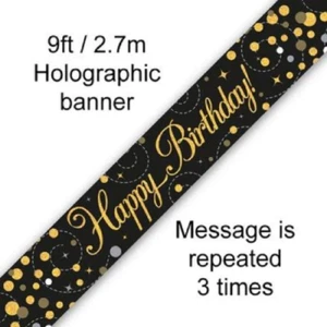 Black Gold Holographic Happy Birthday Backdrop Bunting Banner 2.7m 3 Repeats - Picture 1 of 1