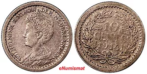 Netherlands Wilhelmina I Silver 1914 10 Cents XF Toned KM# 145 (8141) - Picture 1 of 3