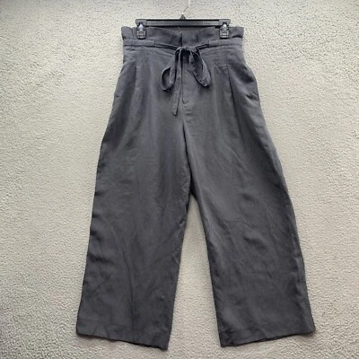 Club Monaco Bolsa de Papel Cintura Cinturón Mezcla de Lino Pierna Ancha Corto Azul Gris Pantalones 8 Foto 1 de 4