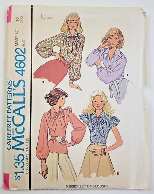Blusas Pullover De Colección Años 70 McCalls Patrón Costura 4602 Misses Talla 10 B32.5 CORTE Foto 1 de 3