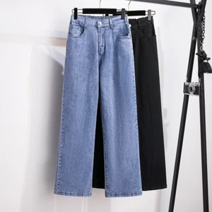 Women Denim Pants Trousers Jeans Straight Leg High Elastic Waist Plus Size - Picture 1 of 12