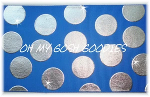 100 YARD ROLL SALE 2 1/4 ROYAL METALLIC SILVER JUMBO CHEER DOT GROSGRAIN RIBBON - Picture 1 of 1