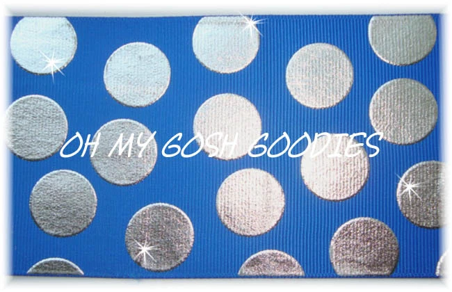 100 YARD ROLL SALE 2 1/4 ROYAL METALLIC SILVER JUMBO CHEER DOT GROSGRAIN RIBBON - Image 1 of 1