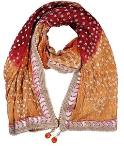 Women's Silk Jaipuri Rajasthani Bandhani Bandhej Heavy Dupatta with Gota Work - Picture 1 of 33