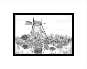 Kinderdijk Windmill, Pen and Ink, Matted Print, Note Card, Holland, Netherlands