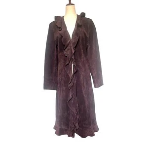 Vintage ARIA Brown Suede Full Length Womens Coat Sz M Penny Lane Boho Ruffle 70s - Picture 1 of 14