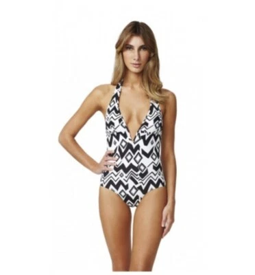Traje de baño Moontide V Wire delantero bajo blanco y negro halter geométrico talla 10 Foto 1 de 4