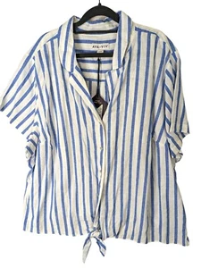 Ava Viv Women Plus size 3X Short Top Blouse Blue Striped Linen Blend Beachy Boat - Picture 1 of 10