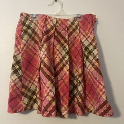 VTG Bobbie Brooks Mini Skirt Pink Yellow Wool Plaid High Waisted Hippie Mod Gogo - Image 1 of 3