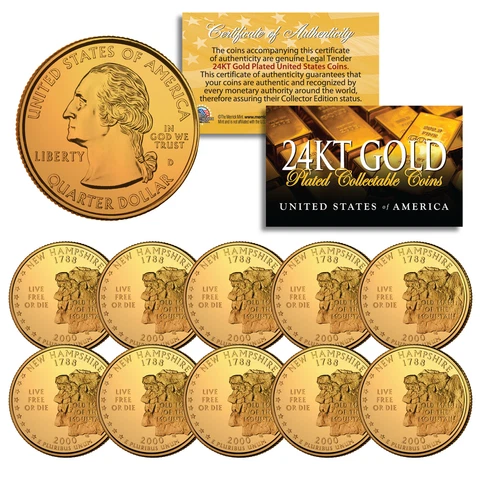 2000 New Hampshire State Quarters US Mint BU Coins 24K GOLD PLATED (LOT of 10) Cover