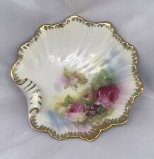 Royal Rudolstadt Prussia 6” Handled Shell Dish Pink Roses Gold Trim