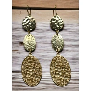 Vintage Dangle Earrings Gold Tone 3 Tiers Filagree Hammered Textured - Picture 1 of 6