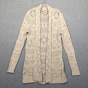 Lucky Brand XL Beige Open Knit Tunic Cardigan Pockets Collared Oatmeal Bohemian - Picture 1 of 12
