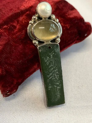 Sterling Silver Amy Kahn Russell Pendant 19.5g Fine Jewelry Green Carved Stone - Image 1 of 4