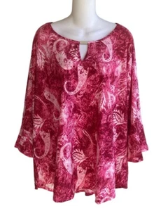 Camicetta jacquard buco della serratura Notations taglie forti fucsia manica 3/4 con volant 3X nuova con etichette - Foto 1 di 4
