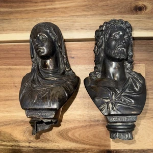 Vintage Metall Jesus Christus Büste & Maria Büste Metall religiöse Figur dunkle Patina - Bild 1 von 7