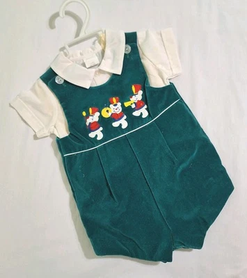 NUEVO DE COLECCIÓN Mameluco de Navidad de Terciopelo Verde Años 80 Banda de Marcha Osos Talla 3-6 Mo Niño 2 un. Foto 1 de 4