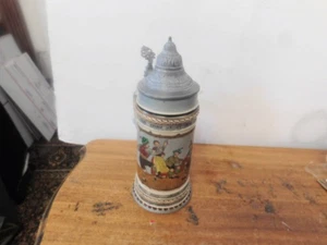 Vintage German Etched Ceramic Lidded Beer Stein etched Schuhplattler - Picture 1 of 5