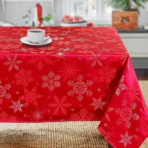 Holiday Red Snowflakes Metallic Jacquard Woven Tablecloth (70" x 144" Rectangle) - Picture 1 of 5
