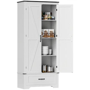 Farmhouse Pantry Cabinet, Kitchen Cabinet, Distressed White - Picture 1 of 11