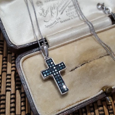 925 Sterling Silver Necklace, Genuine Blue And Red Diamonds Cross, Reversible  - Image 1 of 4