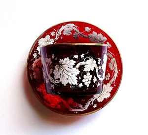 Antique 19th C Enameled Ruby Red Glass Bowl & Under Plate Bohemian Biedermeier? - Picture 1 of 17