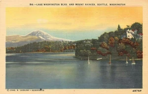 Postcard WA: Lake Washington Blvd & Mount Rainier, Seattle, Linen, Unposted - Picture 1 of 2