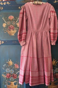 1950s FIT & FLARE VINTAGE GINGHAM DRESS PEASANT BALLOON EMBROIDERED SLEEVES Sz 8 - Picture 1 of 12