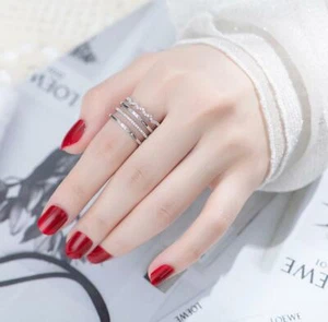 Silver White/Rose Gold W-Shape Wave Pave Cubic Zirconia Promise Adjustable Ring - Picture 1 of 4