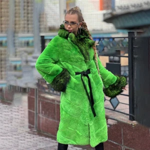 Luxury Womens New Real Rex Rabbit Fur Long Coat Real Silver Fox Fur Lapel Winter - Bild 1 von 10