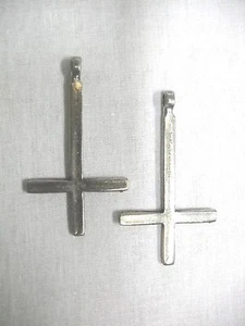 Silver Pewter Inverted Satanic Cross Evil Occult Ritual Pair Of Earrings - Picture 1 of 1