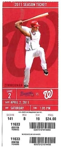 BRAVES @ NATIONALS ~ 2011 Ticket w/ Ryan Zimmerman Photo ~ FREE SHIPPING - Picture 1 of 1