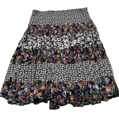 Patchwork Skirt Womens OS Mixed Floral Boho Broomstick Festival Gypsy Crinkle - Image 1 of 4