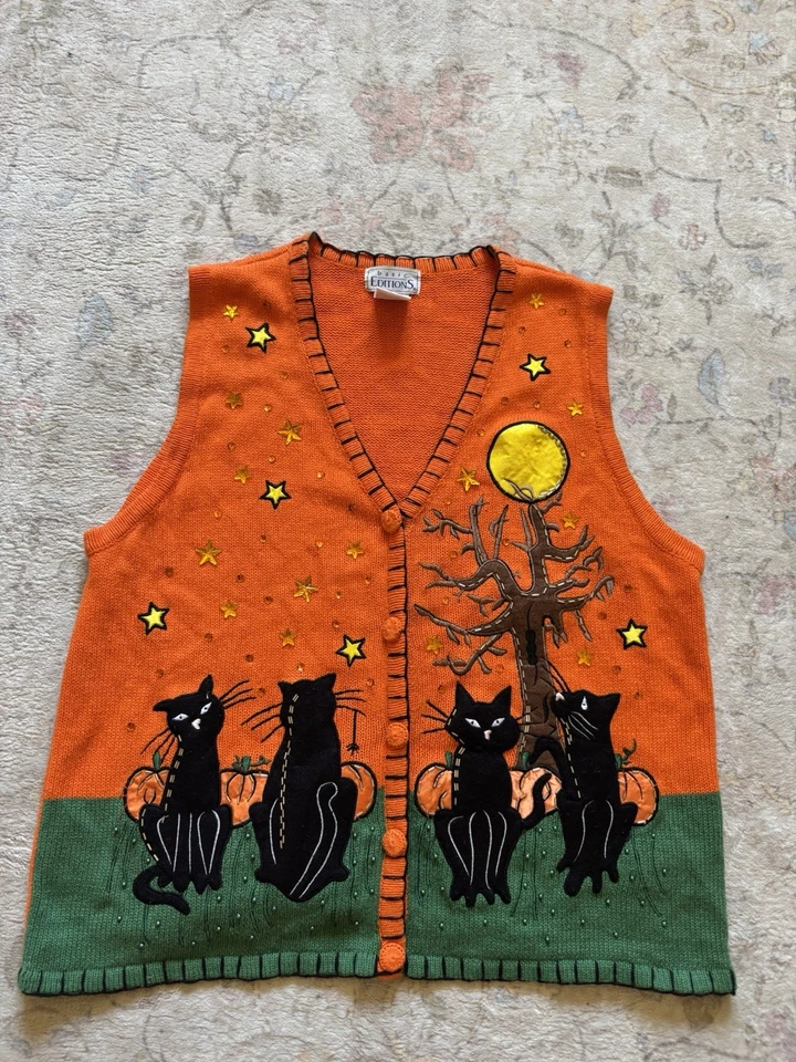 Chaleco Suéter Vintage Halloween Ediciones Básicas Mujer’s XL Negro Gato Calabaza Usado en Excelente Condición Foto 1 de 3