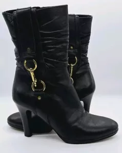 Coach BLACK Torree Text Calf Short Zip Boot High Heel Size 9 Made in Italy - Picture 1 of 13