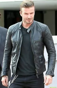 Chaqueta de Cuero Negro David Beckham para Hombre Cuero Real Calce Ajustado Chaqueta de Motociclista - Imagen 1 de 8