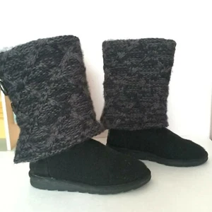 MUK LUKS Women's Sz 10 Gray & Black Mid-Calf Pull On Side Sweater w Button Boots - Picture 1 of 6