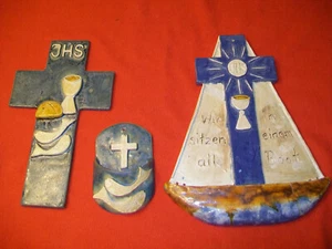 Kreuz Schiffkreuz Weihwasserkessel Ton glasiert Handarbeit sign. Lisa - Bild 1 von 3