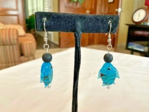 Bright Blue Dangling Fish Earrings - Picture 1 of 3