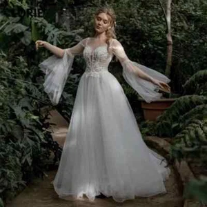 Bohemian chiffon wedding dress lace applique flared sleeve Bridal Gowns - Picture 1 of 9