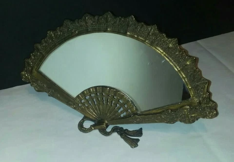 Vintage Cast Brass Fan Shaped Table Vanity  Mirror Ornate Fan with Tassles Cover
