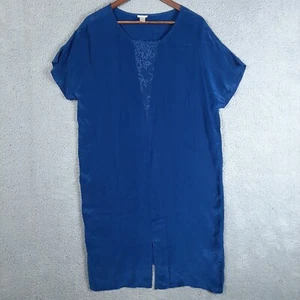 Sundance Nightgown Womens Large Navy Blue Short Sleeve Satin Lingerie Lace Trim - Picture 1 of 11