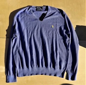 Size XL POLO Ralph Lauren Mens Blue V Neck Sweater Cashmere Blend Long Sleeve - Picture 1 of 3