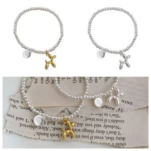 925 Silver Plated Cute Balloon Dog Hug Love Couple Anklet Bracelet Beads Gift - Picture 1 of 4