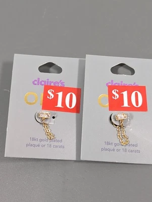 18k Gold Plated Baguette Crystal Chain Front Back Pierced Earrings NEW Dainty - Image 1 of 4