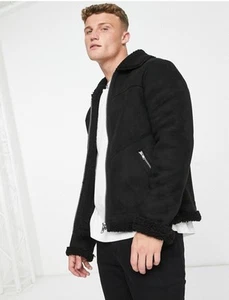 Men’s ‘Barneys Originals’ Faux Leather Shearling Bomber Jacket, Size Medium - Picture 1 of 12